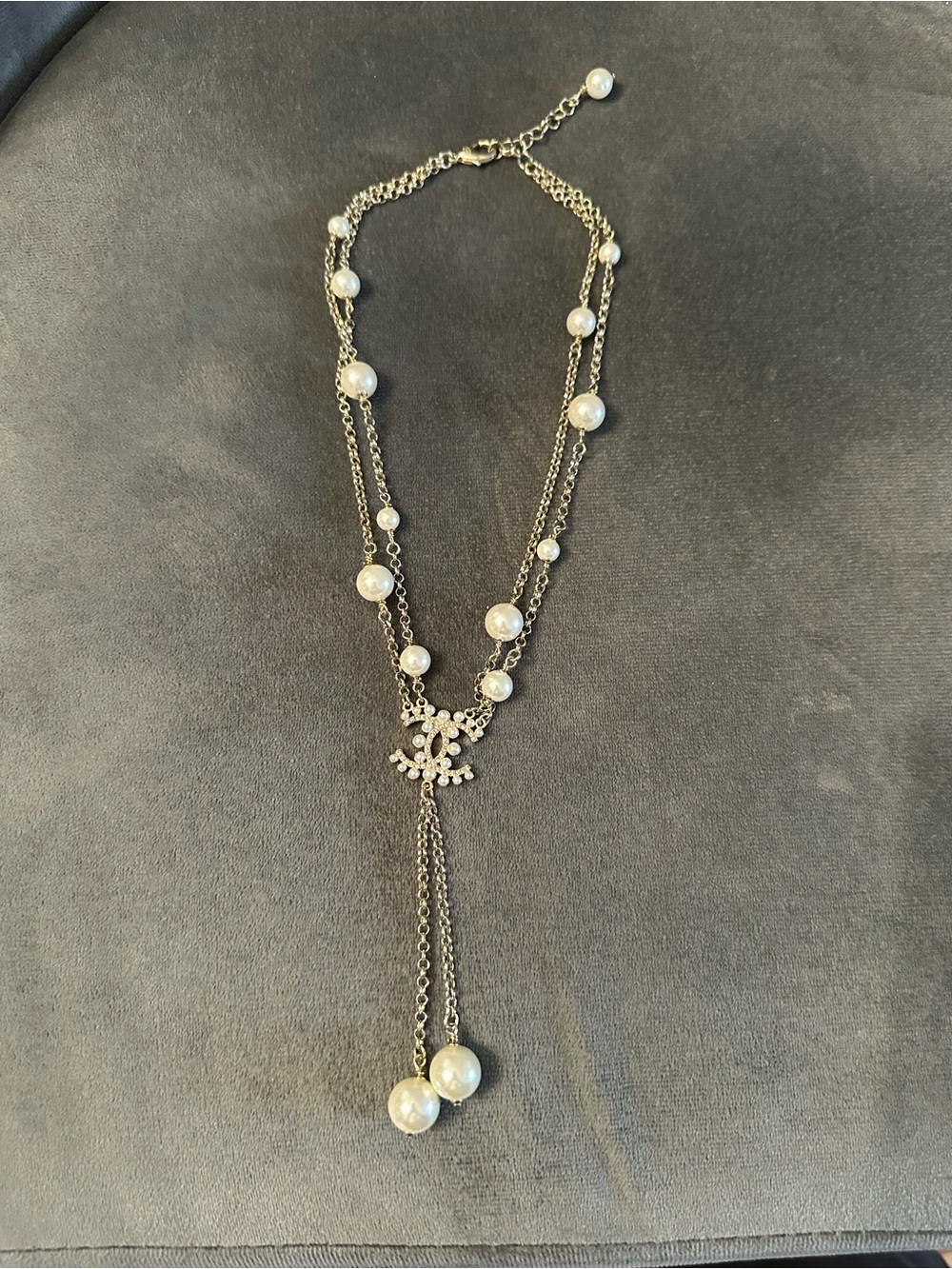 Silver Pearl Y-Necklace with Crystal Accent